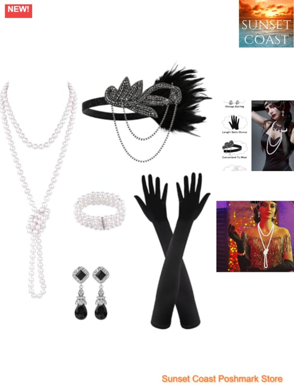 1920s Flapper Costume Accessory Set Feather Headband Pearl Jewelry Gloves